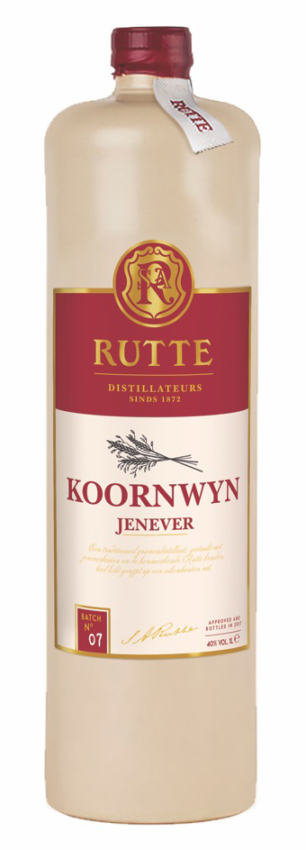 Fles Rutte Koornwyn, jenever van Rutte, op voorraad bij slijterij t Bockje in Bathmen