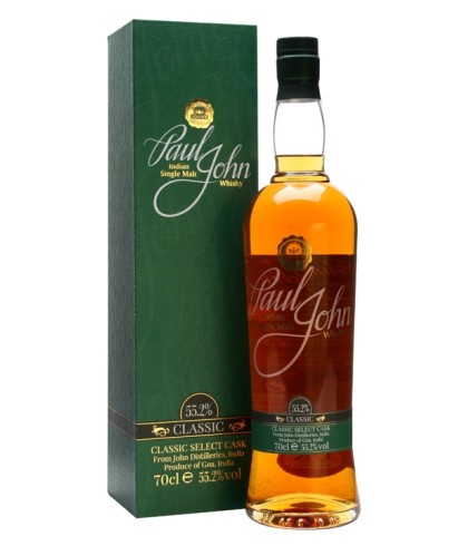 Fles Paul John Classic Select Cask, Indiase single malt whisky uit Goa, op voorraad bij slijterij t Bockje in Bathmen