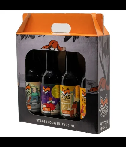 Vos Bier cadeauverpakking met vier flessen van Stadsbrouwerij Vos, bij slijterij t Bockje in Bathmen