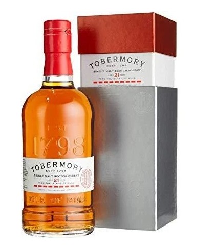 Fles Tobermory 21 Years Old tweede botteling, single malt whisky van het eiland Mull, op voorraad bij slijterij t Bockje in Bathmen