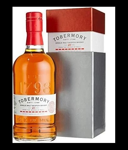 Fles Tobermory 21 Years Old tweede botteling, single malt whisky van het eiland Mull, op voorraad bij slijterij t Bockje in Bathmen