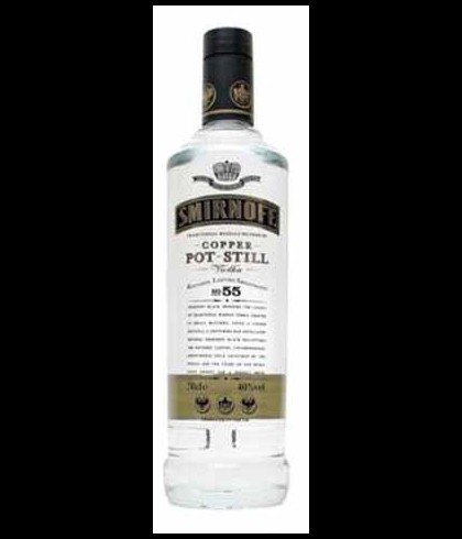 Fles Smirnoff Black No.55 Copper pot distilled, wodka, op voorraad bij slijterij t Bockje in Bathmen