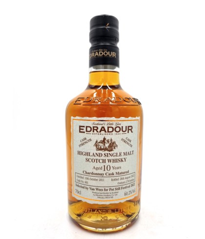 Fles Edradour 10 Years Old 2011 Chardonnay Cask, single malt whisky, op voorraad bij slijterij t Bockje in Bathmen