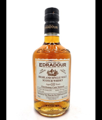 Fles Edradour 10 Years Old 2011 Chardonnay Cask, single malt whisky, op voorraad bij slijterij t Bockje in Bathmen