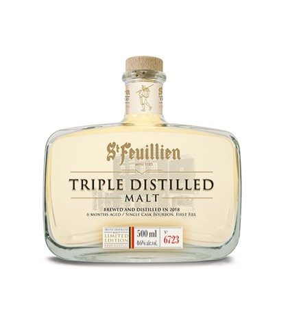 Fles St. Feuillien Triple Distilled Malt, whisky, op voorraad bij slijterij t Bockje in Bathmen