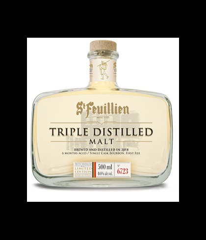Fles St. Feuillien Triple Distilled Malt, whisky, op voorraad bij slijterij t Bockje in Bathmen