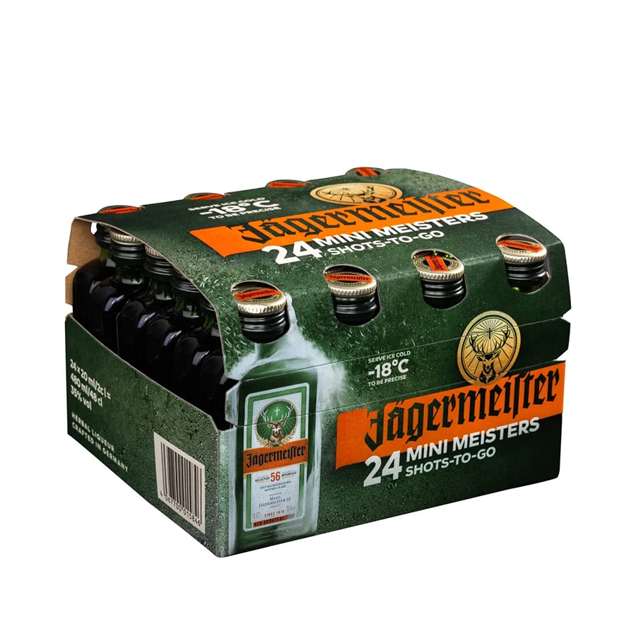 Bitter Jagermeister mini 2cl. doos 24 stuks van Jägermeister, op voorraad bij slijterij ’t Bockje in Bathmen