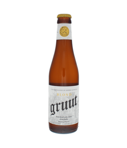 Fles Gruut Blond, bier van Gruut, bij slijterij t Bockje in Bathmen