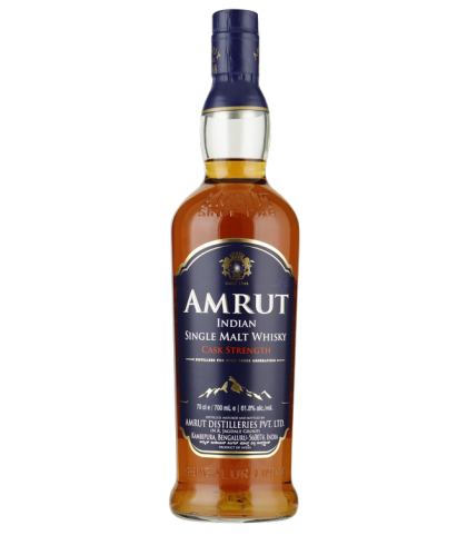Fles Amrut Single Malt Cask Strength, Indiase single malt whisky, op voorraad bij slijterij t Bockje in Bathmen
