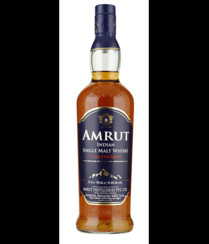 Fles Amrut Single Malt Cask Strength, Indiase single malt whisky, op voorraad bij slijterij t Bockje in Bathmen