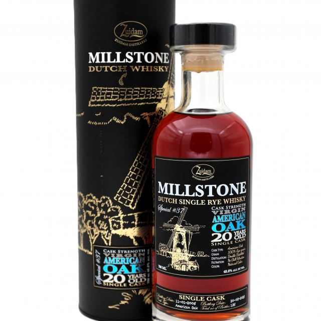 Fles Millstone Rye Whisky 20 Years Old Special #37, Nederlandse whisky van Zuidam Distillers, op voorraad bij slijterij t Bockje in Bathmen
