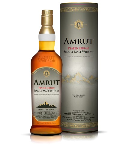 Fles Amrut Peated Single Malt, whisky, op voorraad bij slijterij t Bockje in Bathmen