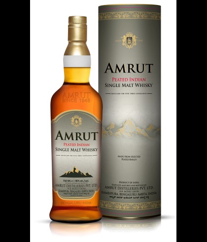 Fles Amrut Peated Single Malt, whisky, op voorraad bij slijterij t Bockje in Bathmen