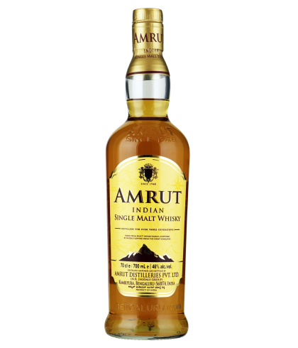 Fles Amrut Indian Single Malt, Indiase single malt whisky, op voorraad bij slijterij t Bockje in Bathmen