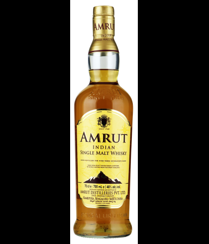 Fles Amrut Indian Single Malt, Indiase single malt whisky, op voorraad bij slijterij t Bockje in Bathmen