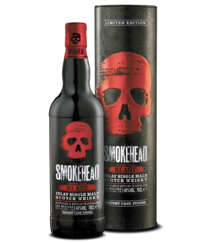 Fles Smokehead Blast Sherry Cask, geturfde Islay single malt, op voorraad bij slijterij t Bockje in Bathmen