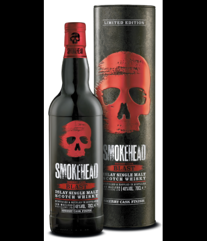 Fles Smokehead Blast Sherry Cask, geturfde Islay single malt, op voorraad bij slijterij t Bockje in Bathmen