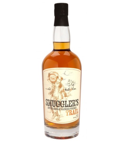 Fles Smugglers Trail Dutch Single Blended Whisky, Nederlandse whisky van Zuidam Distillers, op voorraad bij slijterij t Bockje in Bathmen
