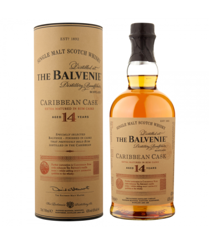 Fles The Balvenie 14 Years Old Caribbean Cask, single malt whisky, op voorraad bij slijterij t Bockje in Bathmen