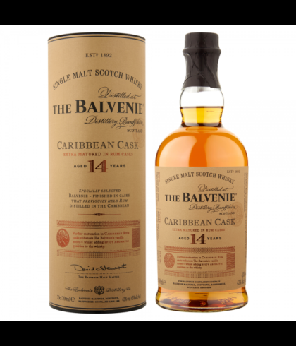 Fles The Balvenie 14 Years Old Caribbean Cask, single malt whisky, op voorraad bij slijterij t Bockje in Bathmen