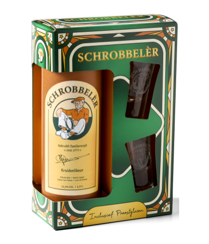 Geschenk Schrobbelèr GVP met 2 Proostglazen, bij slijterij ’t Bockje in Bathmen