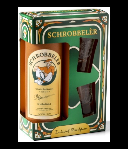 Geschenk Schrobbelèr GVP met 2 Proostglazen, bij slijterij ’t Bockje in Bathmen