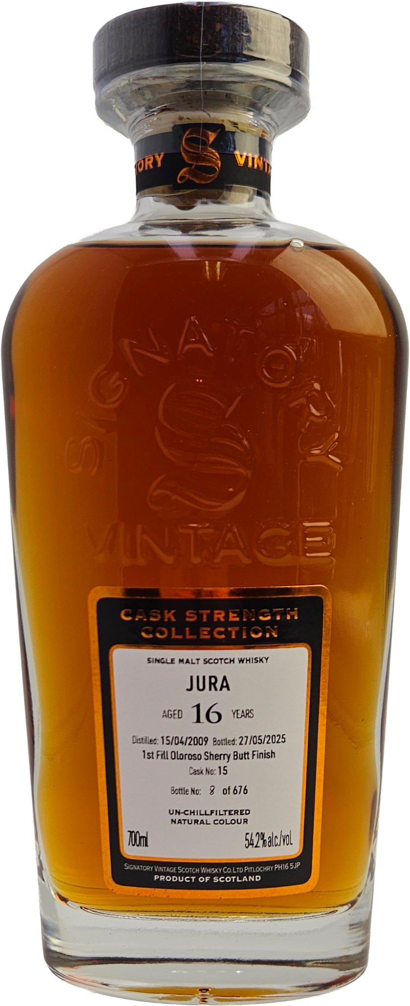 Fles Signatory Vintage Isle of Jura 2009 16Y Cask Strength 15, enkel vat gebotteld door Signatory Vintage, op voorraad bij slijterij t Bockje in Bathmen
