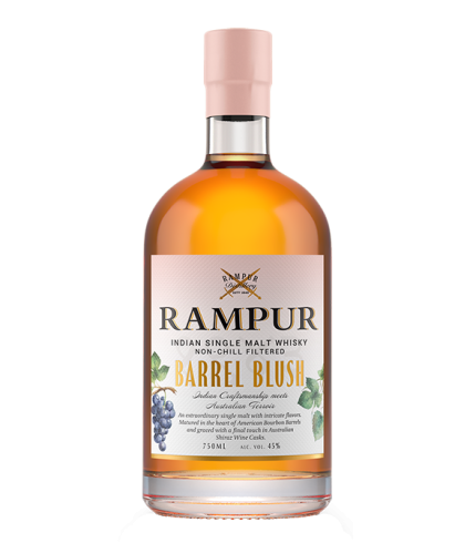 Fles Rampur Barrel Blush, Indiase single malt whisky, op voorraad bij slijterij t Bockje in Bathmen