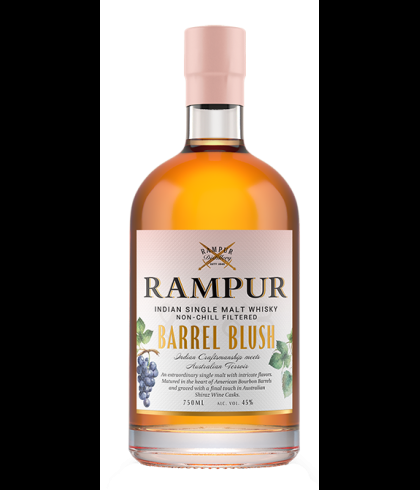 Fles Rampur Barrel Blush, Indiase single malt whisky, op voorraad bij slijterij t Bockje in Bathmen