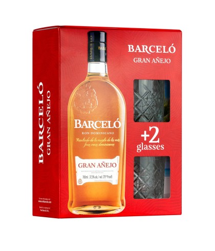 Fles Ron Barcelo Gran Anejo 70cl + 2 glz, rum, bij slijterij t Bockje in Bathmen