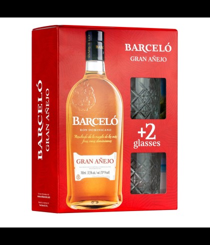 Fles Ron Barcelo Gran Anejo 70cl + 2 glz, rum, bij slijterij t Bockje in Bathmen