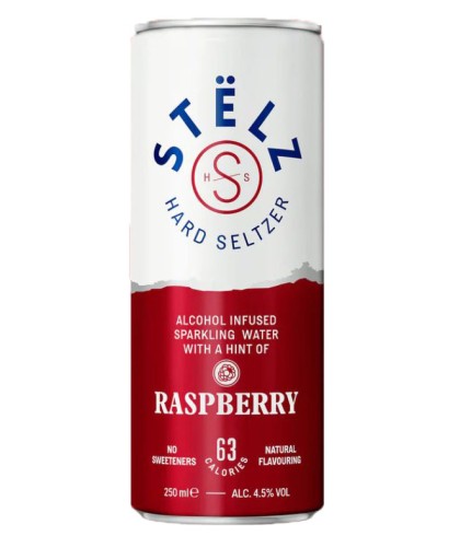 Stëlz Hard Seltzer Raspberry, op voorraad bij slijterij t Bockje in Bathmen