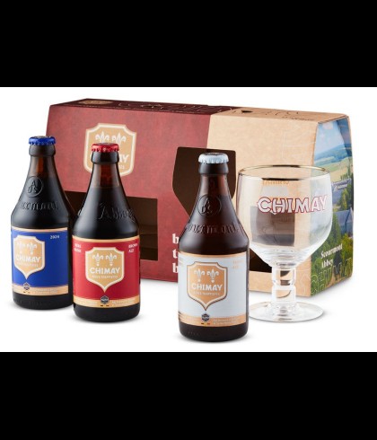 Chimay Trilogie giftpack met drie flesjes en een bokaal, bij slijterij t Bockje in Bathmen