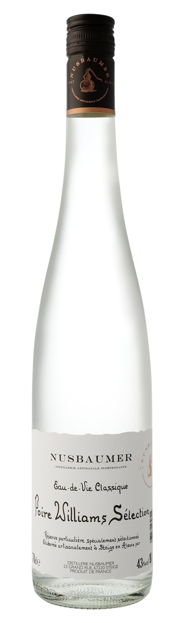Eau de vie Nusbaumer Poire Williams Sélection van Nusbaumer, op voorraad bij slijterij ’t Bockje in Bathmen