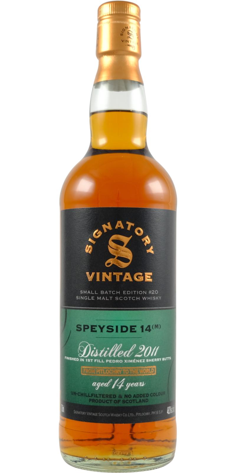 Fles Signatory Vintage Speyside 14(M) 14 Years Old 2011 Small Batch #20, whisky, op voorraad bij slijterij t Bockje in Bathmen