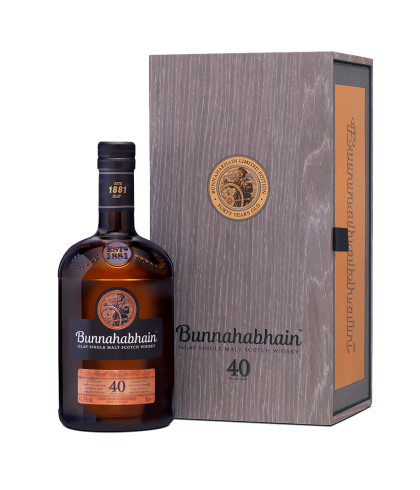 Fles Bunnahabhain 40 Years Old, single malt whisky, op voorraad bij slijterij t Bockje in Bathmen