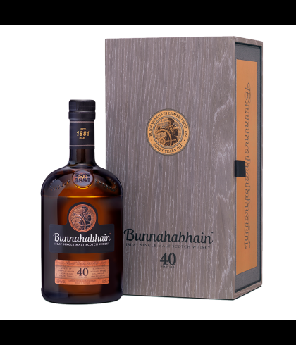 Fles Bunnahabhain 40 Years Old, single malt whisky, op voorraad bij slijterij t Bockje in Bathmen