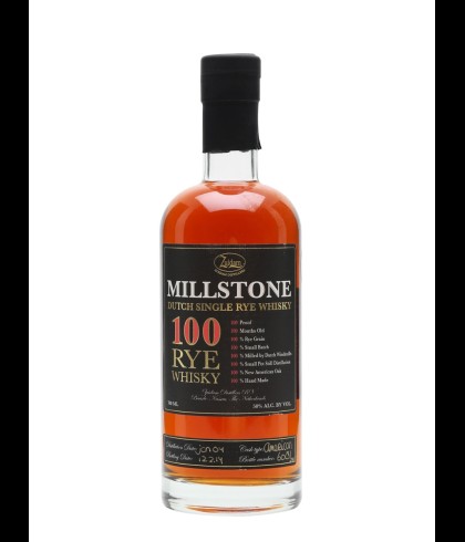 Fles Millstone Dutch Rye 100, Nederlandse whisky van Zuidam Distillers, op voorraad bij slijterij t Bockje in Bathmen