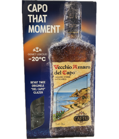 Geschenk Vecchio Amaro Del Capo Caffo Likeur Giftbox, bij slijterij ’t Bockje in Bathmen