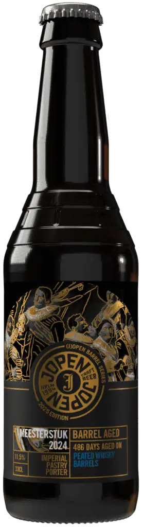Fles Jopen Barrel Aged Meesterstuk ’24 BA Porter Peated Whisky, bier van Jopen, op voorraad bij slijterij ’t Bockje in Bathmen