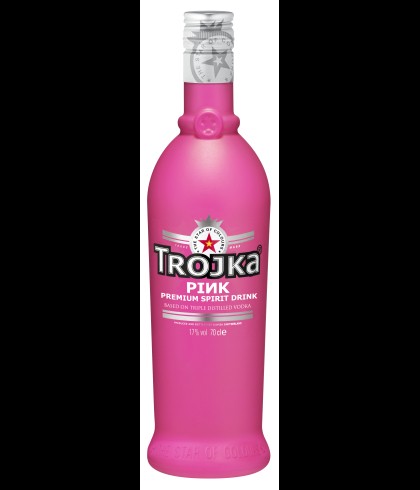 Fles Trojka Vodka Pink, Zwitserse wodkalikeur, op voorraad bij slijterij t Bockje in Bathmen