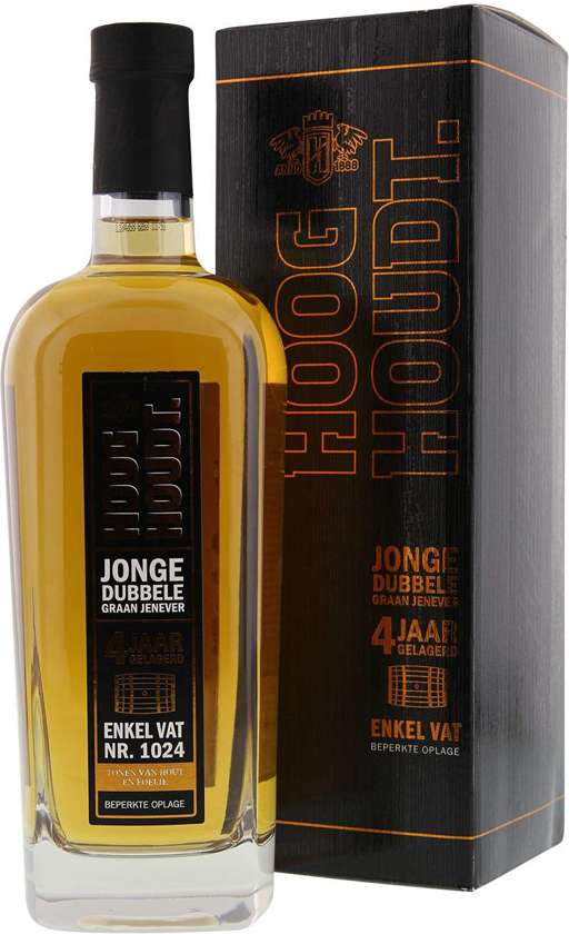 Fles HOOGHOUDT 4 jaar gelegerde jonge jenever, jenever van Hooghoudt, op voorraad bij slijterij ’t Bockje in Bathmen