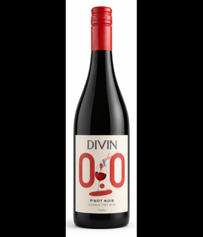 Fles Divin Pinot Noir 0.0, alcoholvrije rode wijn uit de Loire, op voorraad bij slijterij t Bockje in Bathmen