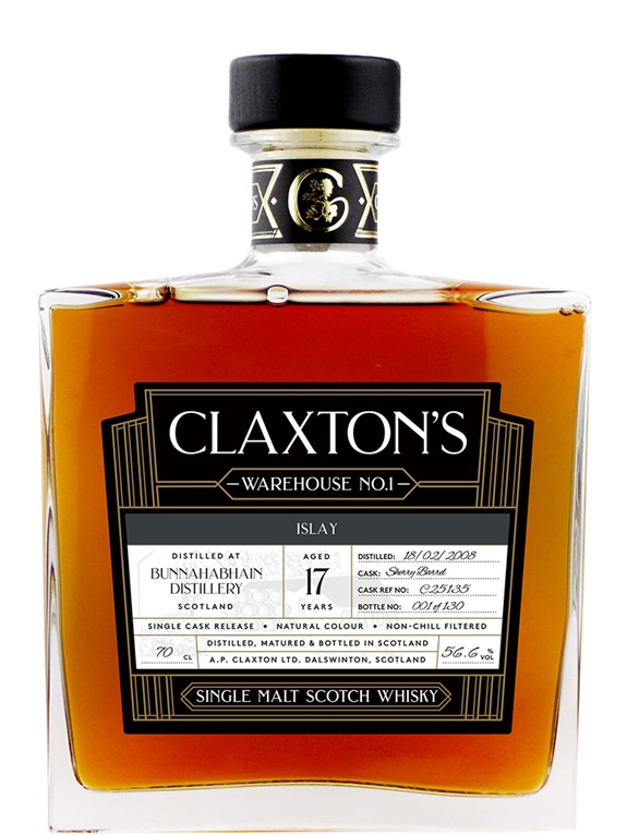 Fles Claxton’s Warehouse No.1 Bunnahabhain 17 Years Old, single malt whisky, op voorraad bij slijterij t Bockje in Bathmen