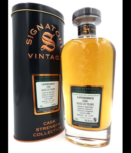 Fles SIGNATORY CAPERDONICH 2000 20Y CASK STRENGTH, enkel vat gebotteld door Signatory Vintage, op voorraad bij slijterij t Bockje in Bathmen