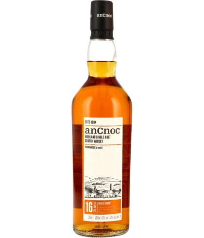 Fles anCnoc 16 Years Old Rich & Sweet, Highland single malt van de Knockdhu-distilleerderij, op voorraad bij slijterij t Bockje in Bathmen