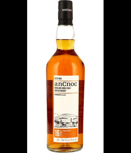 Fles anCnoc 16 Years Old Rich & Sweet, Highland single malt van de Knockdhu-distilleerderij, op voorraad bij slijterij t Bockje in Bathmen