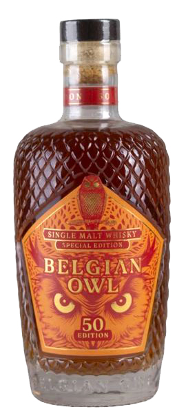 Fles Belgian Owl Fifty Edition, single malt whisky, op voorraad bij slijterij t Bockje in Bathmen
