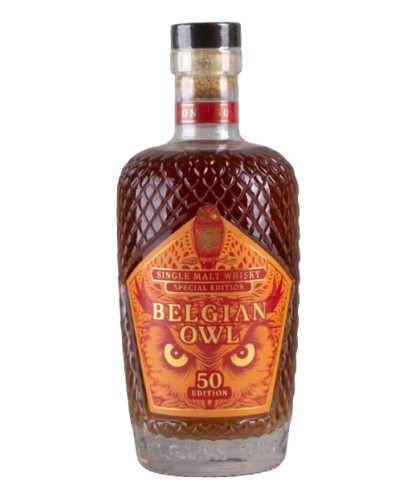 Fles Belgian Owl Fifty Edition, single malt whisky, op voorraad bij slijterij t Bockje in Bathmen