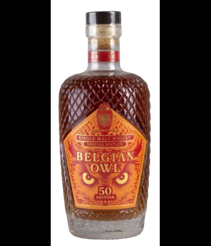 Fles Belgian Owl Fifty Edition, single malt whisky, op voorraad bij slijterij t Bockje in Bathmen